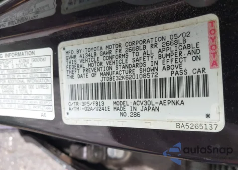 2002 Toyota Camry Le from USA, damaged, VIN JTDBE32K620108572